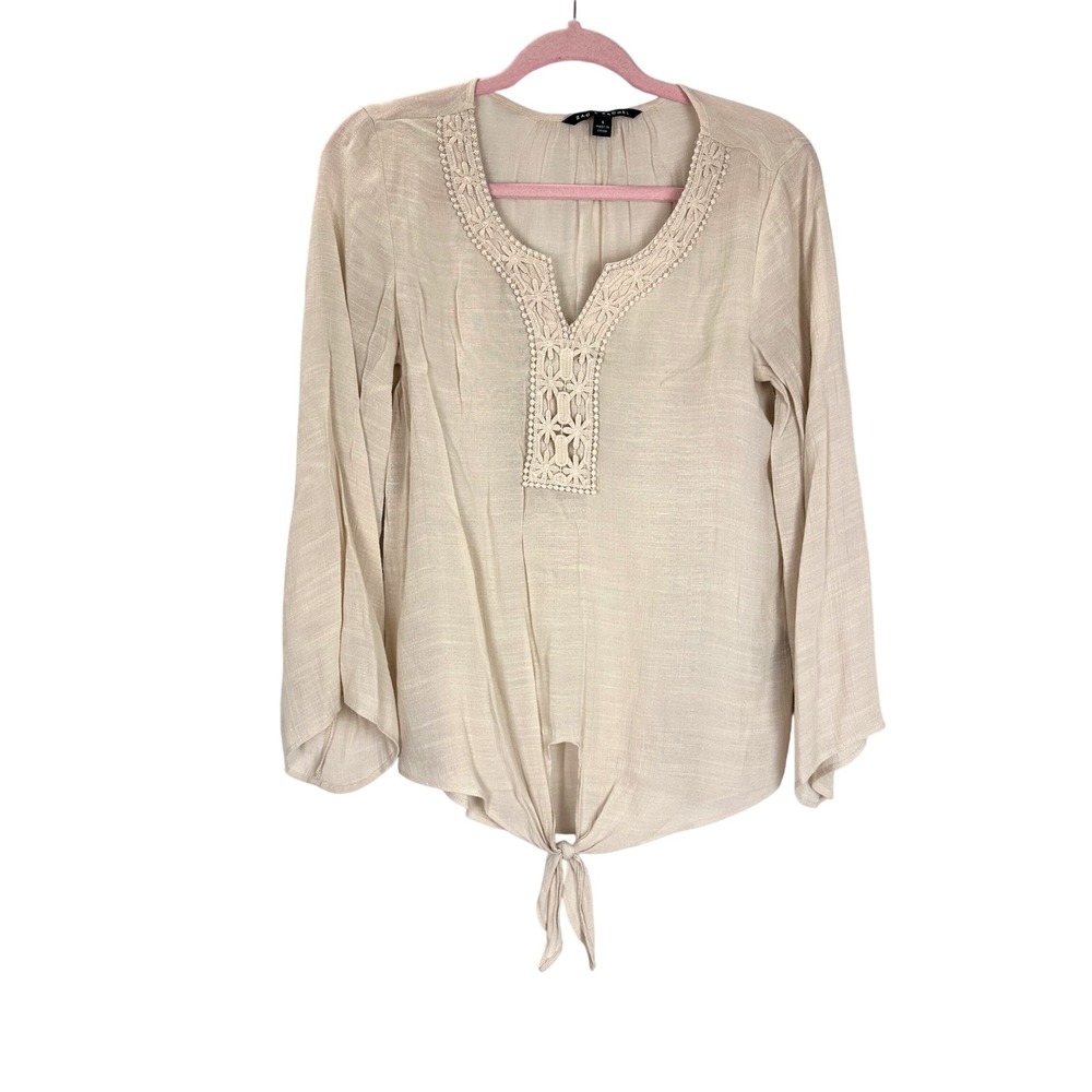 Zac & Rachel Beige Crochet Trim Tie Front Blouse Small Boho Long Sleeve Top